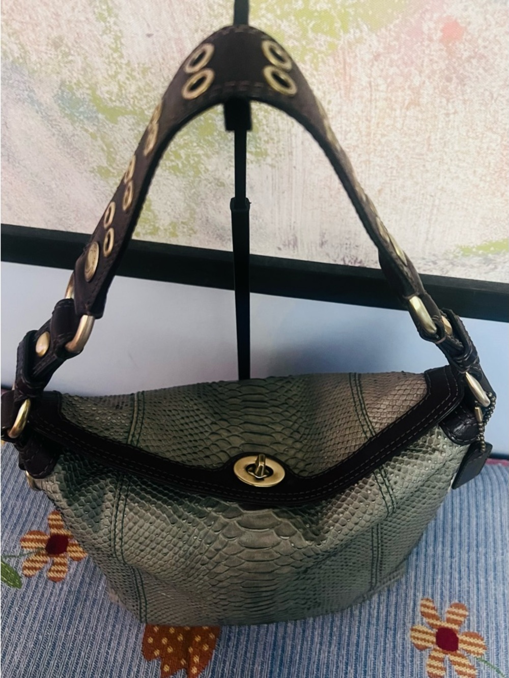 Coach Chelsea Turnlock Light Green Snakeskin Leather Hobo 2007/Y2K - Picture 6 of 14